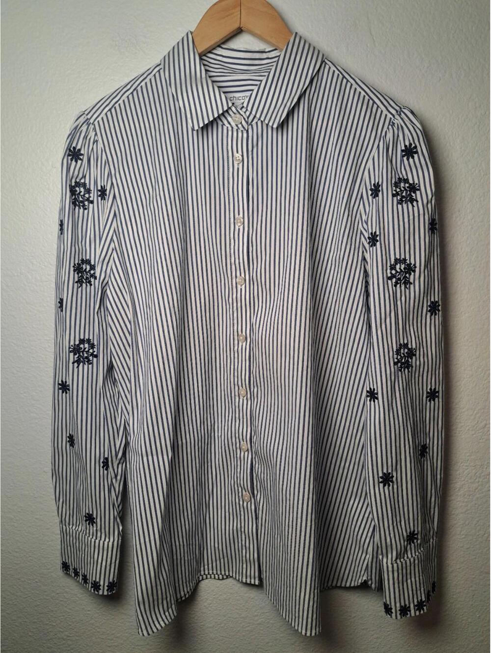 Chico's long sleeve striped top embroidered floral on arms  Stretch sz 2 (L/ 12)